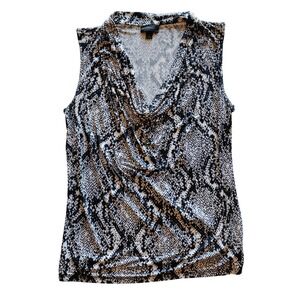 Worthington Womens Sleeveless V-Neck Snakeskin Animal Blouse Top Black Gray L